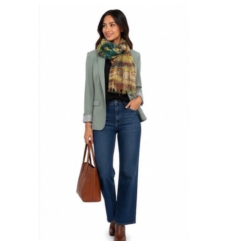 Green Gold Plaid‎ Paisley Metallic Thread Lightweight Scarf Chic Fairycore 89-53